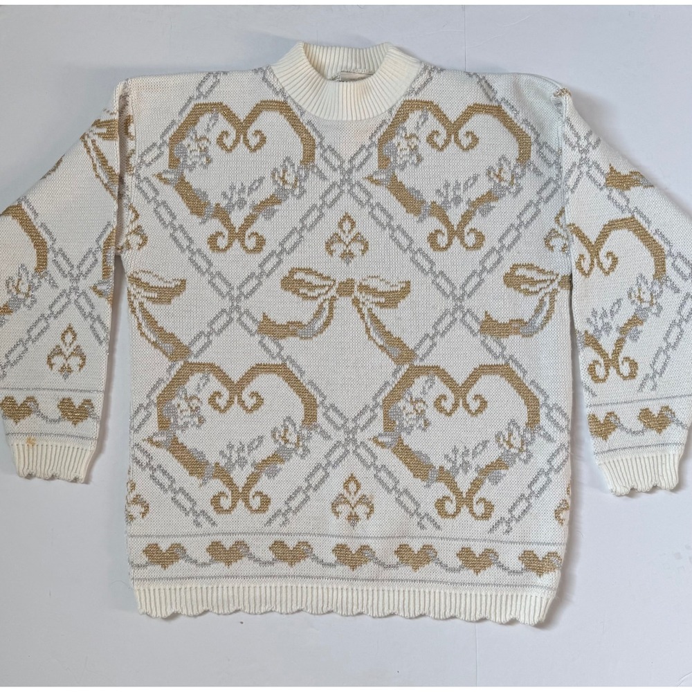Vintage Dana Scott Metallic Heart Bow Knit Sweater White Gold Silver Large USA